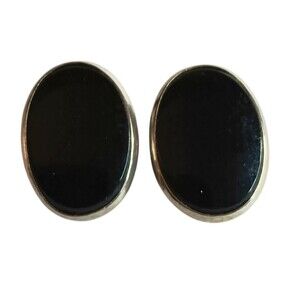 Vintage Oval Black and Silvertone Clip On Stud Earrings 80s 90s Style 1" x .75"